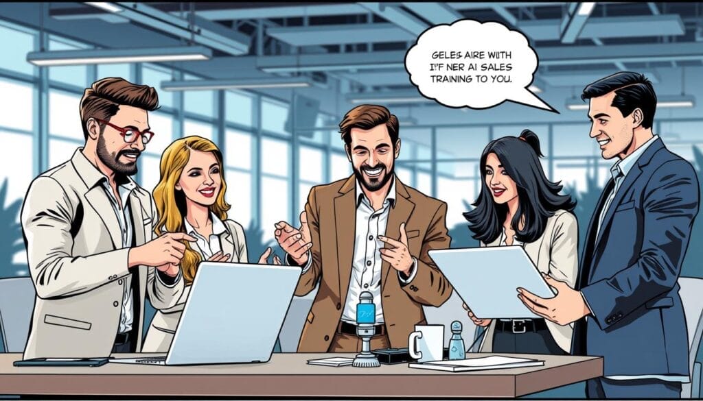 Generate an image of a sales team using AI sales training tools