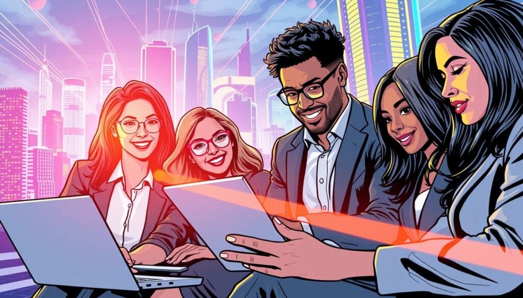 Generate an image of a sales team using Hyperspace AI sales trainer on their laptops, with a futuristic background.