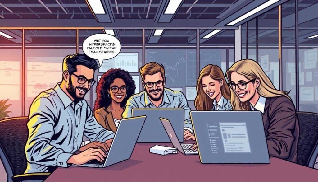 Generate an image of a sales team using Hyperspace's AI cold email training on their laptops