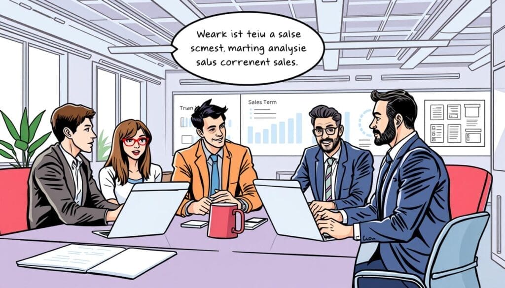 Generate an image of a sales team using MeetGeek for sales conversation analysis