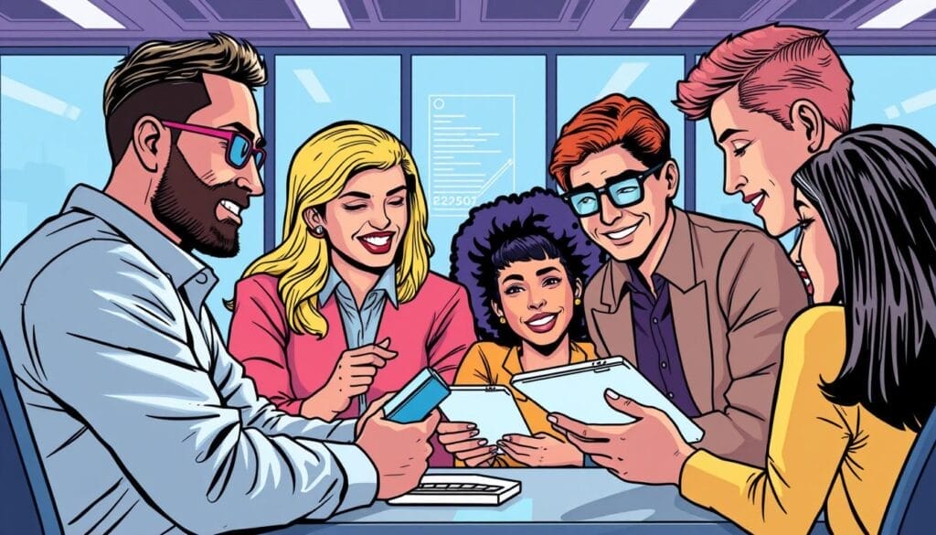 Generate an image of a sales team using MeetGeek's AI-powered conversation intelligence platform to analyze sales calls and improve their performance.