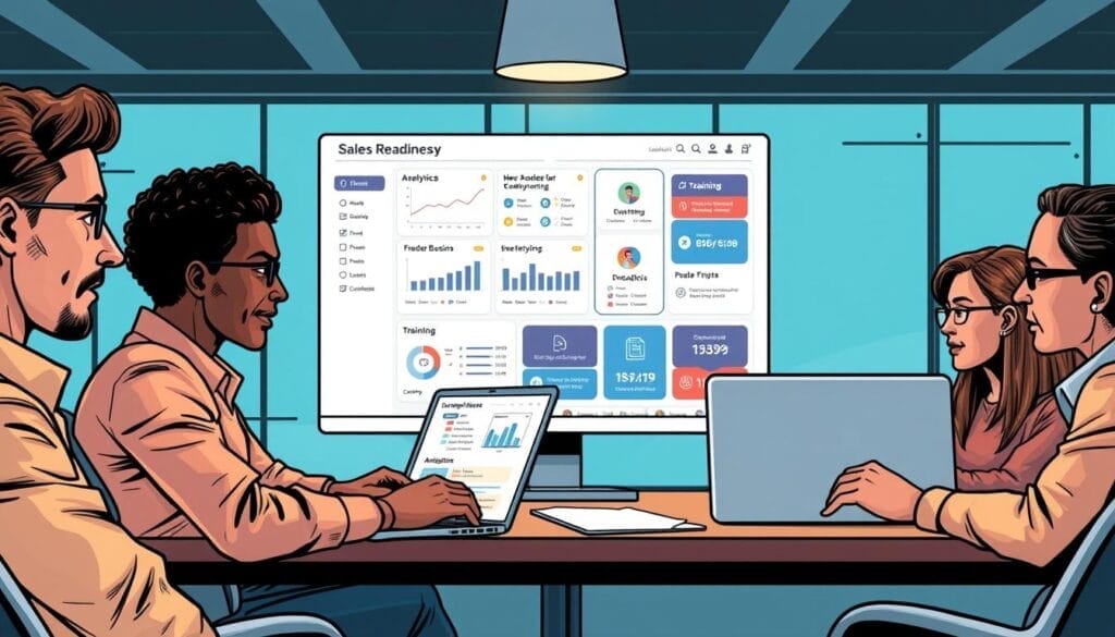 Generate an image of a sales team using MindTickle's sales readiness platform on their laptops, with a dashboard showing analytics and training modules.