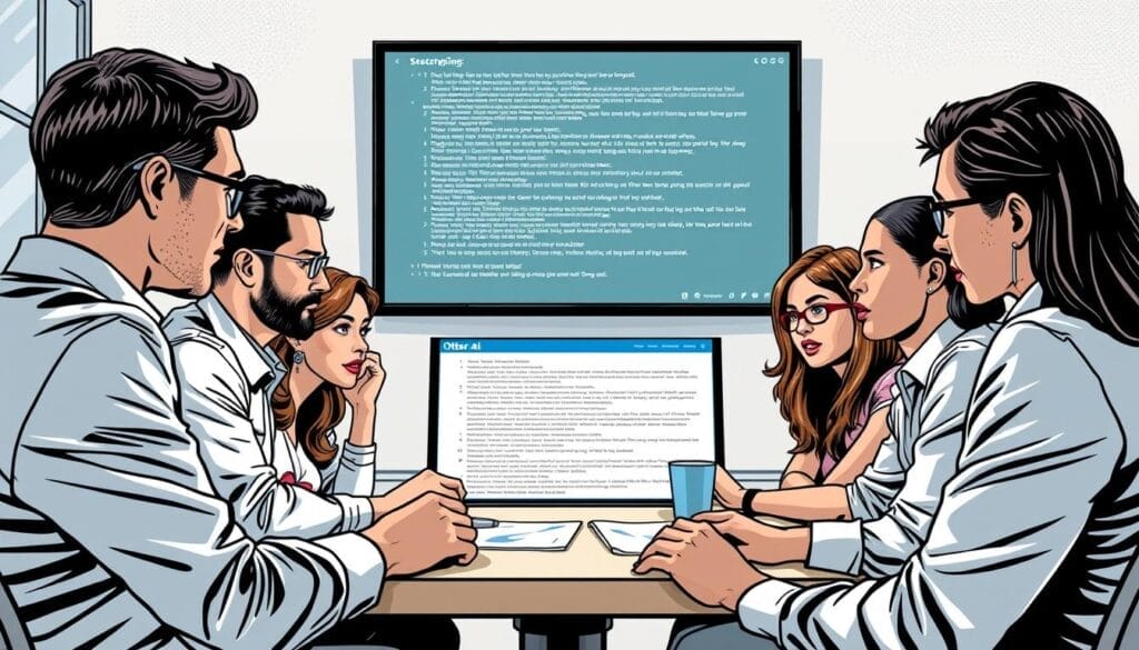 Generate an image of a sales team using Otter.ai during a meeting, with transcription on the screen.
