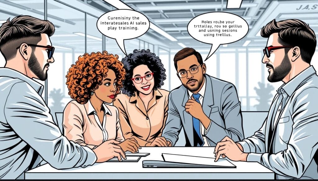 Generate an image of a sales team using Trellus for AI sales role-play training