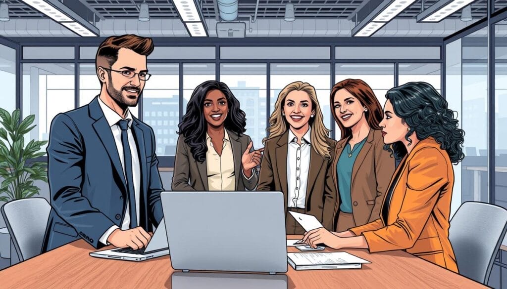 Generate an image of a sales team using Zenarate's AI sales coach to practice product demos.