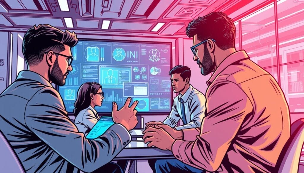 Generate an image of a sales team using a futuristic AI-powered training platform.