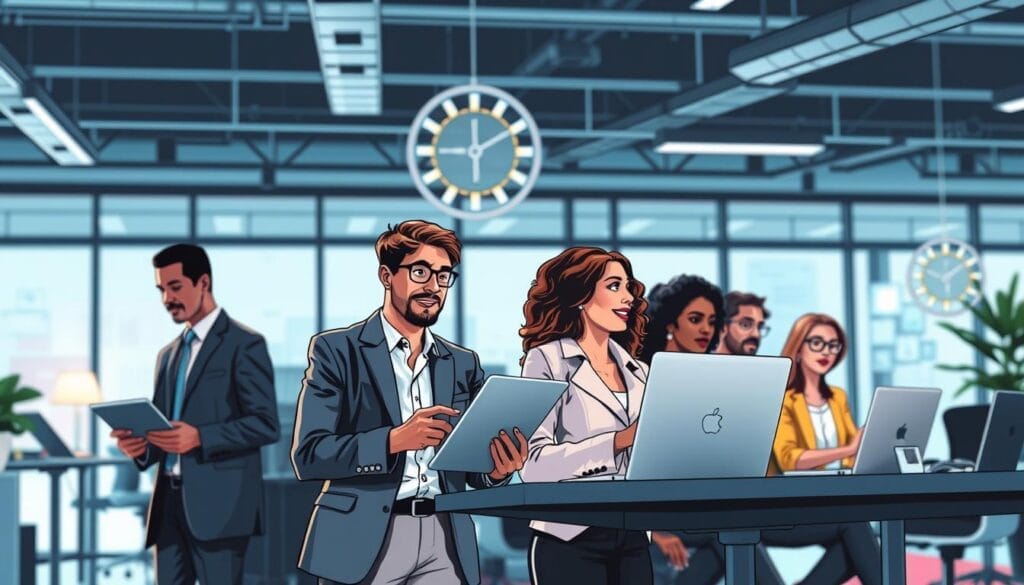 Generate an image of a sales team using a futuristic AI training platform.