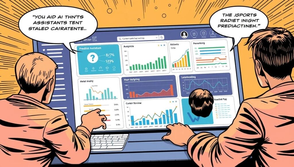 Generate an image of a sales training dashboard with AI Content Assistant and predictive lead scoring features.