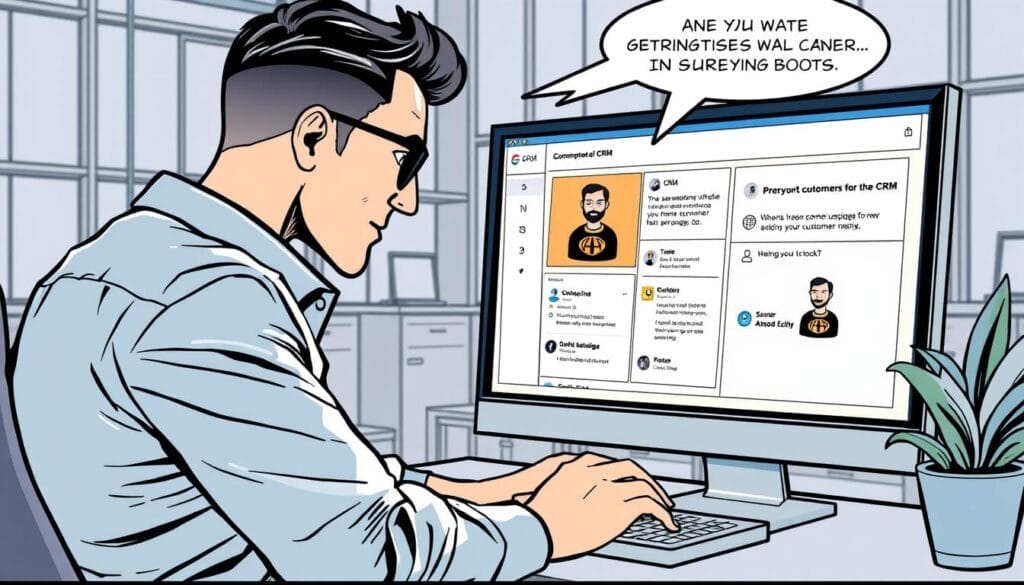Generate an image of a salesperson managing customer relationships on a CRM platform with AI-powered suggestions on a computer screen.