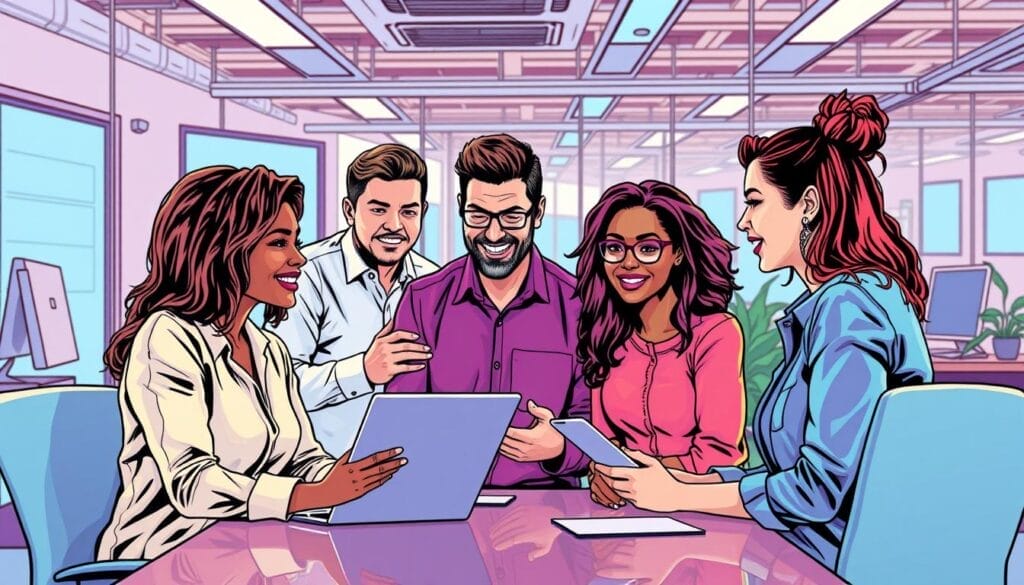 Generate an image of a small team using Hyperspace's AI sales training platform.