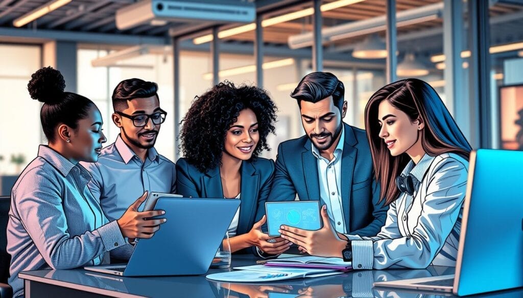 Generate an image of a tech company sales team using AI-powered sales training tools.