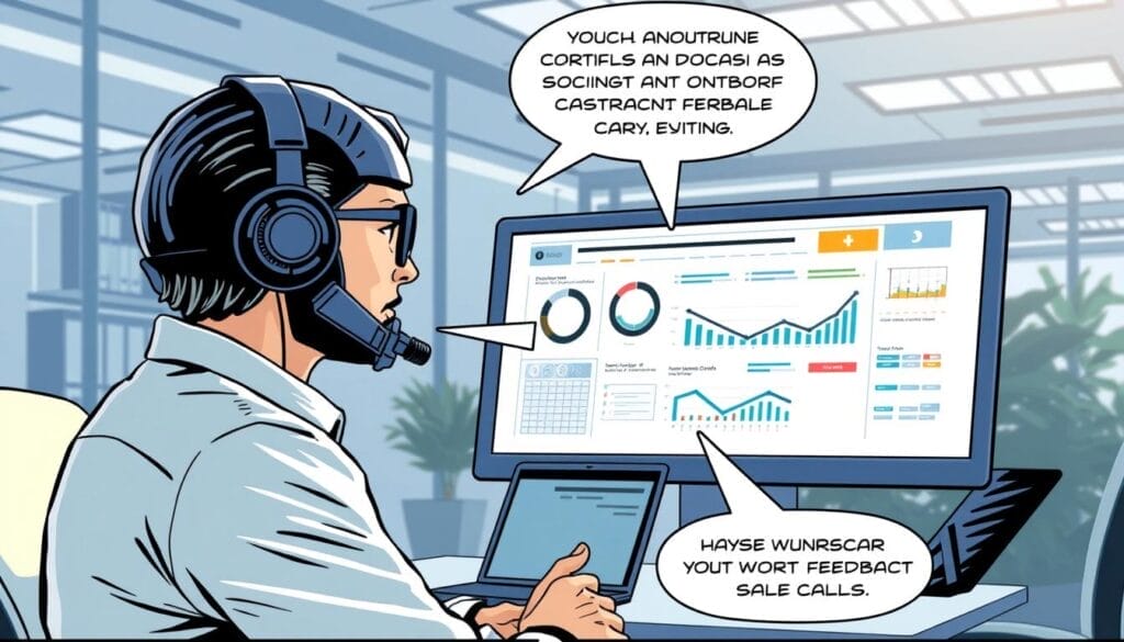 Generate an image of an AI sales coach providing automated scoring and feedback on sales calls.
