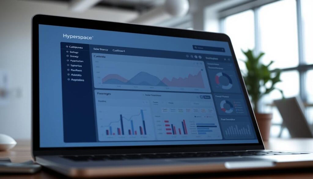 High-quality detailed image of a data-driven sales strategy dashboard on a laptop screen, with the Hyperspace brand prominently displayed. The dashboard features sleek, modern visualizations such as line graphs, pie charts, and bar graphs displaying sales performance metrics and insights. The background is blurred, with a minimalist office setting visible. Lighting is soft and directional, creating depth and highlighting the dashboard. The overall mood is professional, analytical, and technology-driven.