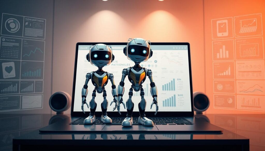 Hyperspace sales training bots, lifelike AI assistants standing in a sleek, minimalist workspace. Positioned on a laptop screen, three androids with expressive faces and dynamic poses, offering personalized sales guidance. Sophisticated lighting and depth of field create a professional, technology-driven atmosphere. The bots' design language blends organic curves and metallic accents, conveying a balance of warmth and precision. Subtle reflections on the screen's surface add a sense of depth and interactivity. An arrangement of data visualizations and product information frames the scene, hinting at the bots' advanced analytical capabilities. Overall, a captivating display of Hyperspace's cutting-edge sales training solutions.