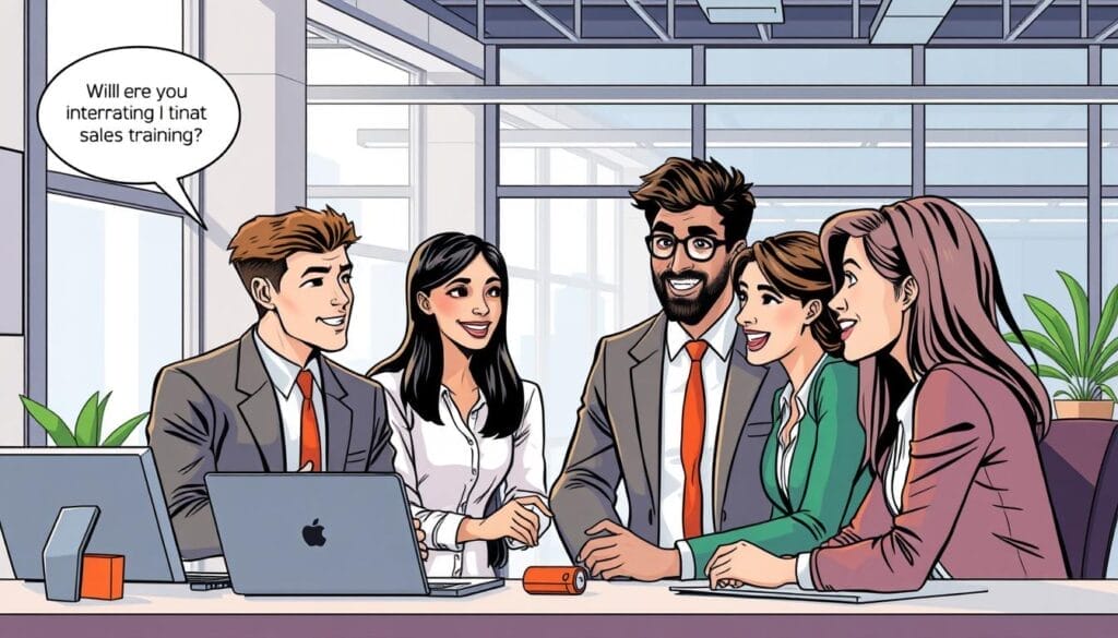 Image of a sales team using a sales training of  training  bot