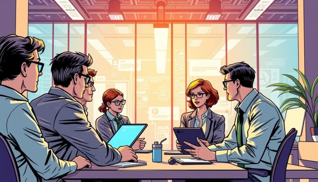 Image of a tech company sales team training with AI-powered tools