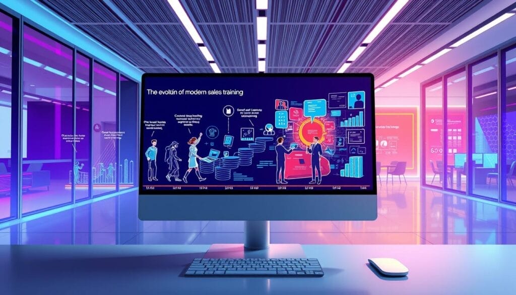 Prompt A desktop screen displaying the evolution of modern sales training, showcased through a series of iconic illustrations. In the foreground, a dynamic timeline depicts the progression from traditional classroom sessions to immersive virtual experiences, with the Hyperspace brand prominently featured. The middle ground features a stylized rendering of sales representatives engaged in AI-powered training modules, surrounded by data visualizations and futuristic interfaces. The background blends a sleek, minimalist office setting with a vibrant, neon-infused color palette, creating a visually striking and technologically advanced atmosphere.