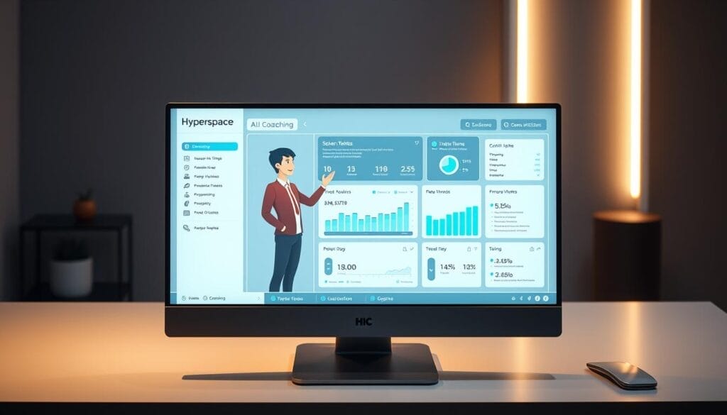 Prompt A sleek, futuristic AI coaching interface displayed on a Hyperspace-branded desktop computer. In the foreground, an animated avatar guides a sales representative through interactive training modules. The middle ground features a dashboard with real-time performance metrics and personalized feedback. The background showcases a clean, minimalist design with glowing neon accents, creating a sophisticated and immersive learning environment. The scene is illuminated by soft, directional lighting, casting subtle shadows and highlights to enhance the depth and realism. The overall tone conveys a sense of advanced technology, efficient productivity, and personalized, AI-driven professional development.