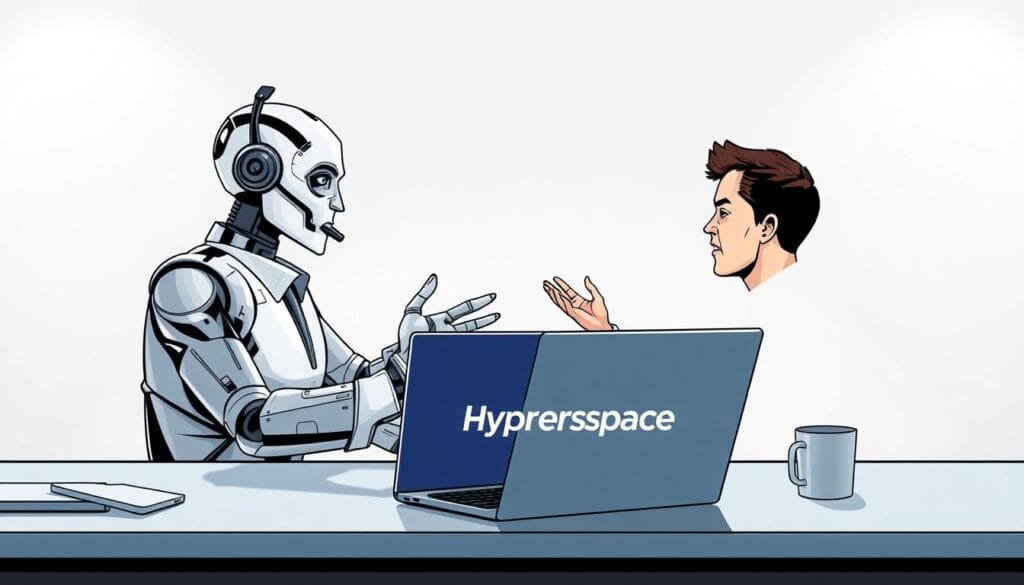 Prompt A sleek, modern desktop workspace with a laptop prominently displaying the "Hyperspace" brand logo. In the foreground, a lifelike AI sales agent engages in a dynamic role-playing scenario, guiding a human sales representative through a mock sales pitch. The agent's expressions and gestures convey a sense of professionalism and expertise. The background features a clean, minimalist design with subtle gray tones, creating a calm and focused atmosphere. Bright, directional lighting illuminates the scene, casting subtle shadows and highlights to add depth and dimension. The overall impression is one of a cutting-edge, AI-powered sales training experience that seamlessly blends technology and human interaction.