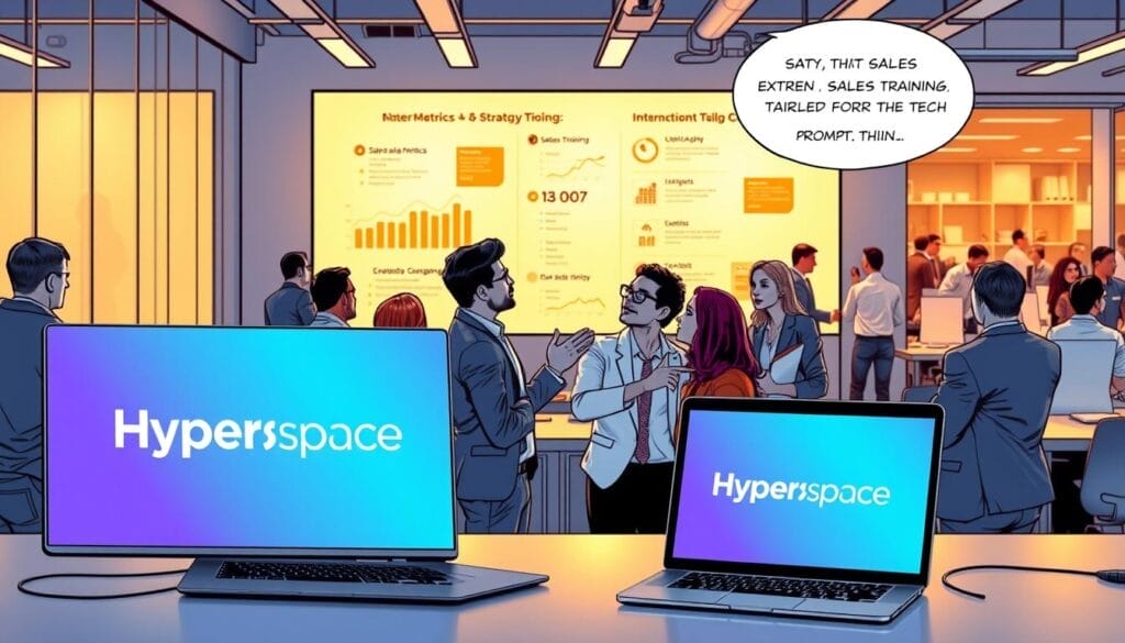Prompt A sleek, modern office setting with a laptop and desktop computer prominently displayed, showcasing the "Hyperspace" brand. In the foreground, a diverse group of professionals engaged in an interactive sales training session, gesturing animatedly and referencing digital presentations. The middle ground features a large wall-mounted display with sales metrics and strategies, bathed in warm, focused lighting. The background suggests a bustling, open-concept workspace, with other teams collaborating in the distance. The overall atmosphere conveys a sense of dynamic, data-driven sales training tailored for the tech industry.