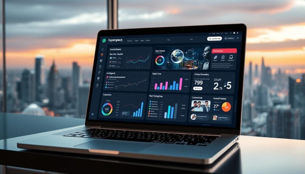 Sleek and modern AI-powered sales tools displayed on a laptop screen, showcasing the Hyperspace brand. The foreground features a selection of customizable dashboards, real-time analytics, and intelligent lead generation modules. The middle ground highlights collaborative features like virtual sales rooms and remote presentation tools. In the background, a vibrant cityscape with skyscrapers and a hint of a futuristic metropolis, conveying a sense of innovation and technological advancement. Lighting is soft and diffused, creating a professional and polished aesthetic. The overall mood is one of efficiency, productivity, and seamless sales enablement.