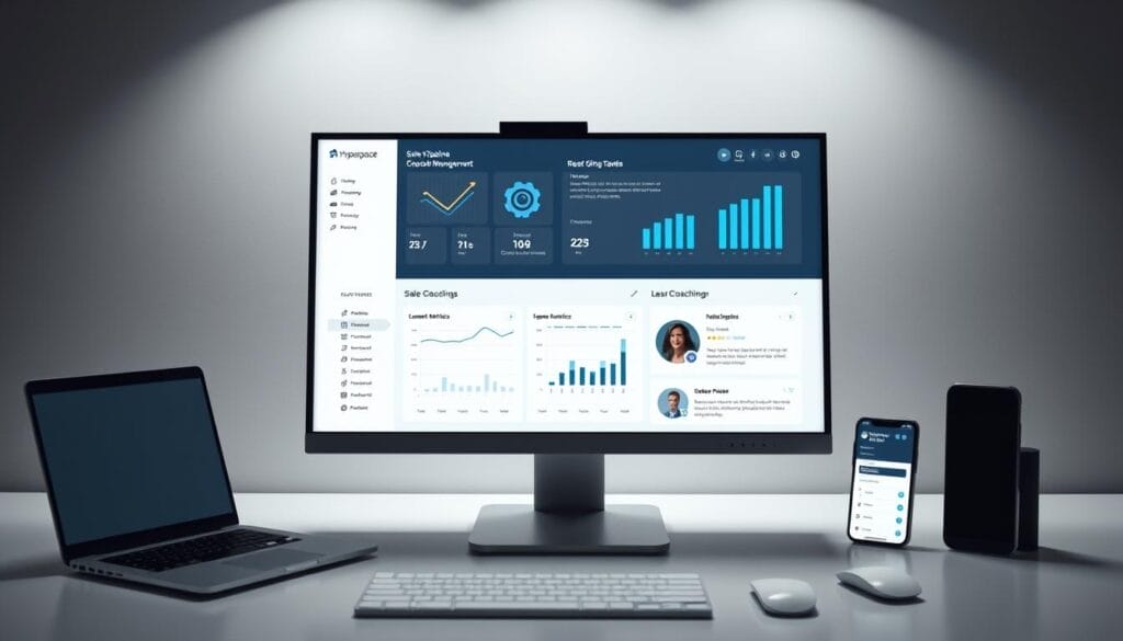 Sleek and modern desktop workspace showcasing the Hyperspace sales coaching software. Crisp display with clean layout and intuitive interface, featuring key metrics, sales pipeline management tools, and real-time coaching recommendations. Subtle lighting accentuates the minimalist aesthetic, while the laptop and mobile device in the background suggest seamless cross-platform functionality. The overall scene conveys a sense of efficiency, professionalism, and the transformative power of data-driven sales coaching.