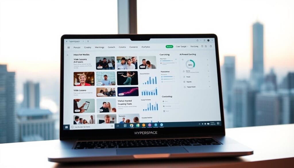Sleek and modern online sales training programs, showcased on a Hyperspace-branded laptop. A minimalist user interface displays interactive modules, video lessons, and AI-powered coaching tools. Soft lighting illuminates the scene, creating a professional and engaging atmosphere. The laptop's screen reflects a vibrant, data-driven dashboard, demonstrating the program's analytical capabilities. In the background, a blurred cityscape hints at the global reach and connectivity of these virtual sales training solutions.