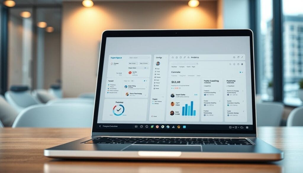 Sleek and modern sales coaching software interface on a silver laptop screen, displaying the Hyperspace brand logo. The foreground showcases a clean dashboard with customizable widgets, intuitive analytics, and personalized coaching features. The middle ground features a team collaboration panel, allowing seamless communication and progress tracking. The background depicts a minimalist office setting, with warm lighting and a blurred cityscape visible through the window. The overall atmosphere conveys efficiency, productivity, and a user-friendly experience for sales professionals.