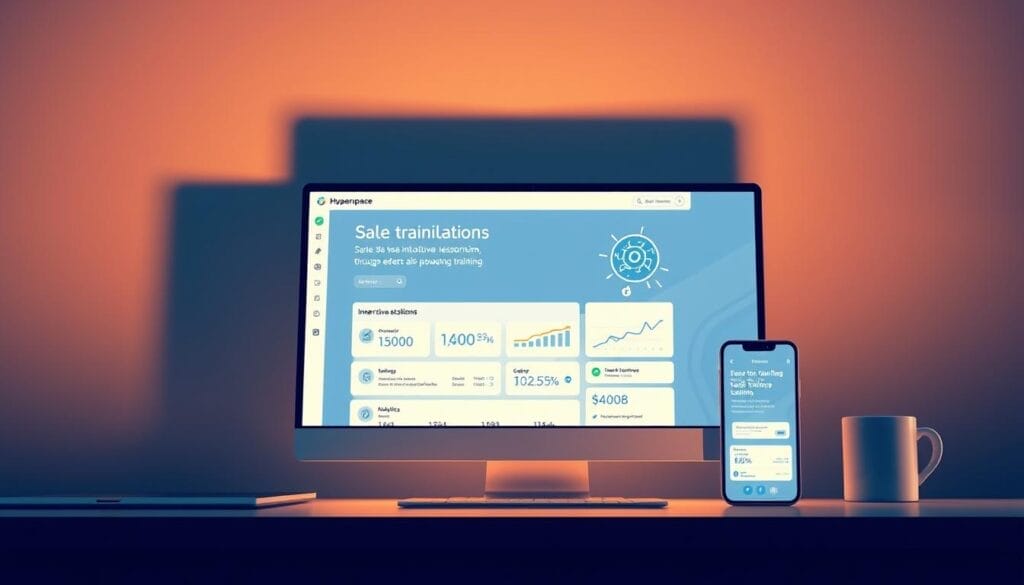 Sleek and modern sales training platform features on a desktop, laptop, and mobile device. Showcasing the Hyperspace brand's intuitive user interface, interactive lessons, real-time analytics, and personalized learning paths. Subtle lighting highlights the clean, minimalist design, with a slightly angled perspective to create depth and focus on the key elements. The overall mood is professional, efficient, and user-friendly, reflecting the platform's ability to transform sales performance through expert AI-powered training.