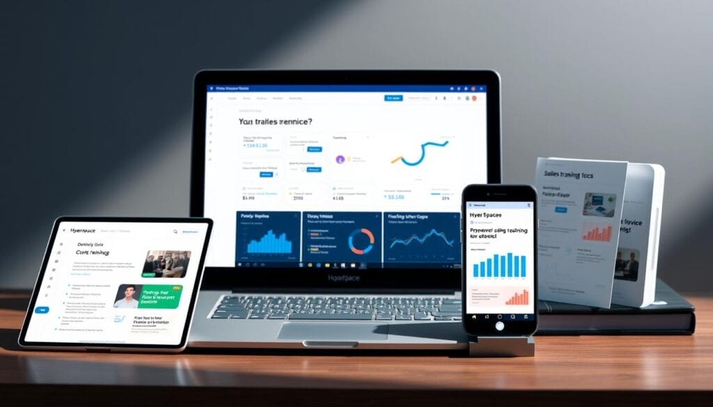Sleek and modern sales training tools displayed on a Hyperspace-branded desktop setup. A laptop and mobile device showcase a range of interactive demos, data visualizations, and digital workbooks. Soft, directional lighting from the side creates depth and highlights the textures of the devices. The overall mood is professional, educational, and focused on empowering sales teams with cutting-edge AI-powered coaching solutions.