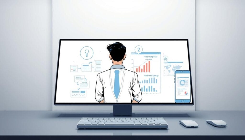 Sleek futuristic desktop display showcasing a seamless "sales coaching transformation" experience powered by the Hyperspace AI platform. In the foreground, a stylized human avatar guides and mentors a salesperson, their interaction represented by dynamic data visualizations. The middle ground features a laptop and mobile device, their screens mirroring the coaching session. The background evokes a minimalist, high-tech workspace with clean lines and muted tones, hinting at the transformative potential of AI-driven sales enablement.