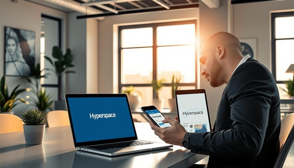 Sleek modern office workspace with a laptop, tablet, and smartphone prominently displaying the "Hyperspace" brand. Soft natural lighting filters through large windows, creating a warm and productive atmosphere. Minimalist yet stylish furniture and decor elements like potted plants and abstract wall art. In the foreground, a salesperson reviews sales metrics and strategies on the devices, signifying the challenges of embracing new sales technologies. The scene conveys a sense of innovation, efficiency, and the digital transformation impacting the sales profession.