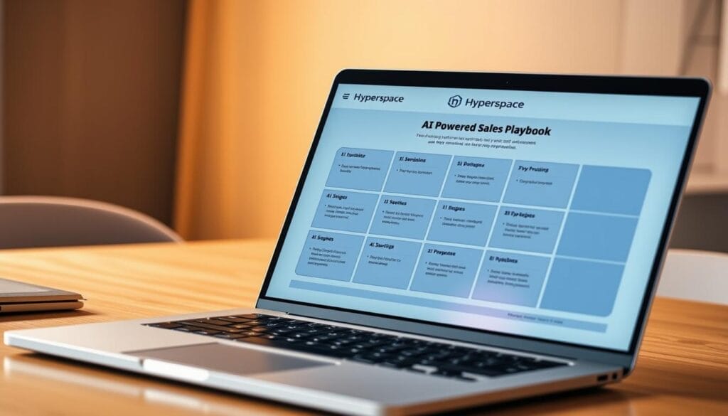 a close-up view of a laptop display showing an AI-powered sales playbook with the Hyperspace brand logo, the screen displays a structured framework with sections for buyer personas, sales stages, and AI-driven insights, the laptop is situated on a minimalist wooden desk with a modern office chair in the background, the scene is illuminated by warm, directional lighting creating a focused and professional atmosphere
