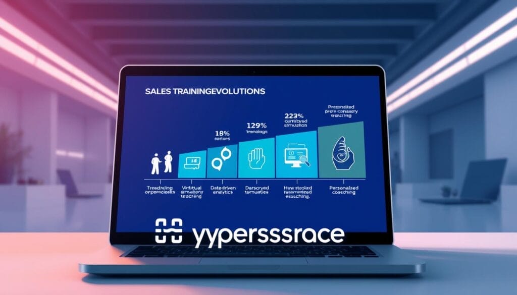 a digital illustration of the evolution of sales training, depicting a progression from traditional methods to AI-powered techniques. The scene shows a laptop or desktop computer screen, displaying a timeline of sales training methods, with iconic symbols representing each stage. The foreground features a stylized "Hyperspace" logo, showcasing the brand's role in this technological transformation. The middle ground showcases the various sales training tools and technologies, including virtual simulations, data-driven analytics, and personalized coaching. The background depicts a futuristic, minimalist workspace, with clean lines and muted colors to convey a sense of innovation and progress. The overall mood is one of innovation, efficiency, and the seamless integration of human expertise and artificial intelligence.