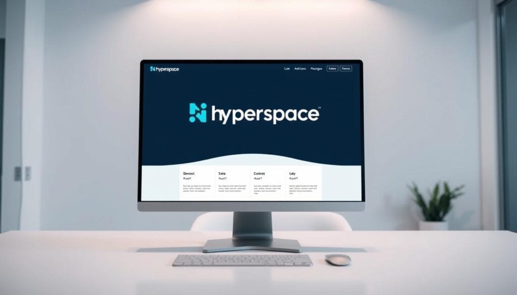 a digital technology-driven sales coaching platform with the brand name "Hyperspace" displayed prominently on the screen of a modern desktop computer or laptop, set against a minimalist office or workspace background with clean lines, neutral colors, and subtle lighting, conveying a sense of professionalism, efficiency, and innovation in the field of AI-powered sales coaching