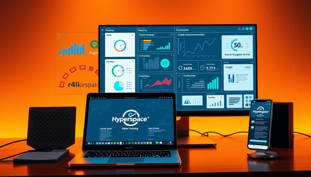 a highly detailed, photorealistic image of a sleek, modern desktop computer setup with a laptop and a mobile phone, all displaying the "Hyperspace" brand logo. The desktop features a sophisticated user interface showcasing various AI-powered sales training tools and features, such as interactive dashboards, data visualizations, and virtual assistant recommendations. The laptop and mobile phone display complementary sales training content, creating a cohesive and immersive AI sales training experience. The scene is bathed in warm, directional lighting that highlights the technology, creating a professional and engaging atmosphere.
