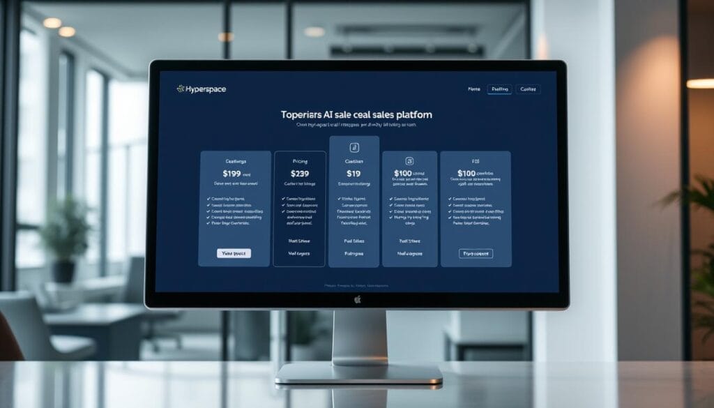 a photo of a sleek, modern software pricing interface showcasing the different pricing tiers for the "Hyperspace" AI sales coaching platform. The interface is displayed on a large desktop monitor, with a clean and minimalist design. The foreground features the pricing tiers, each with a clear title, description, and pricing information. The middle ground shows the platform's key features and benefits, displayed in a visually appealing manner. The background has a slightly blurred, professional office setting, with subtle lighting and shadows to create depth and atmosphere. The overall impression is one of a high-quality, enterprise-level sales coaching solution with transparent and accessible pricing.