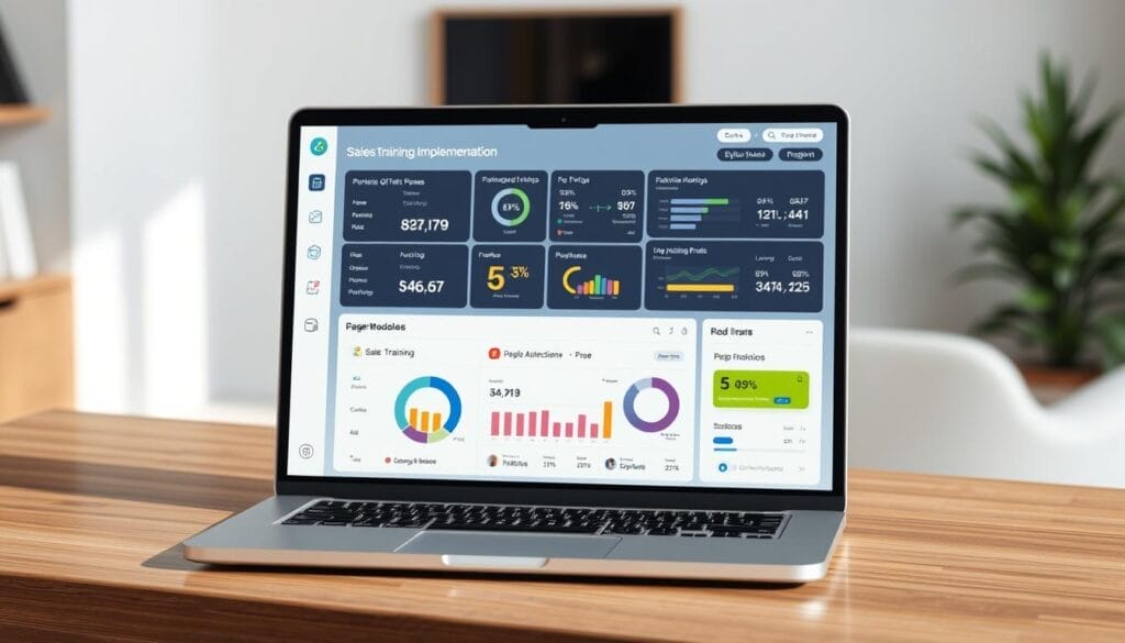 a professional, highly detailed 3D rendering of a laptop screen displaying an AI sales training implementation dashboard for the brand "Hyperspace". The laptop is positioned on a wooden desk, with a minimalist, modern office setup in the background. The dashboard interface showcases various metrics, charts, and tools for managing and optimizing the AI-powered sales training program. The lighting is natural and diffused, creating a calm and focused atmosphere. The overall scene conveys a sense of productivity, innovation, and the seamless integration of AI technology into the sales training process.