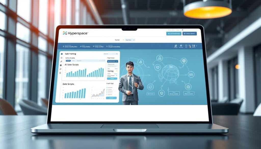 a professional, stylized, realistic digital illustration of an AI-powered sales training platform with the Hyperspace brand, displayed on a laptop or desktop computer screen. The foreground features a sleek, minimalist user interface with interactive sales analytics dashboards, AI-generated sales scripts, and personalized coaching features. The middle ground showcases a 3D model of a sales representative engaging with the platform, surrounded by data visualizations and AI icons. The background depicts a modern, sophisticated office environment with floor-to-ceiling windows, conveying a sense of innovation and productivity. The overall scene exudes a clean, high-tech aesthetic with sophisticated lighting and depth of field, highlighting the transformative potential of AI-driven sales training.