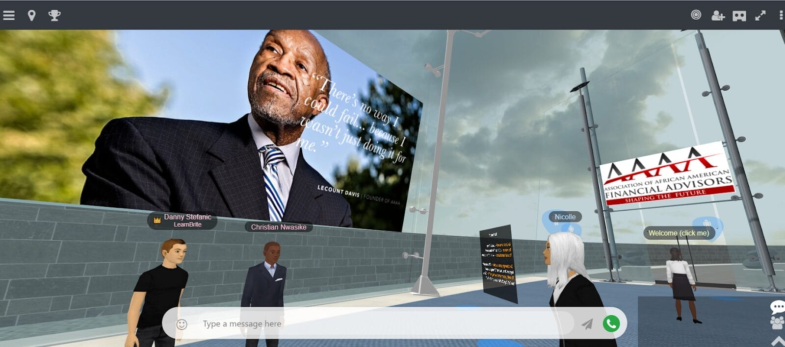 Avatars in a virtual lobby for the Association of African American Financial Advisors event inside MootUp by Hyperspace, with a large display of Lecount Davis and the AAAA logo.