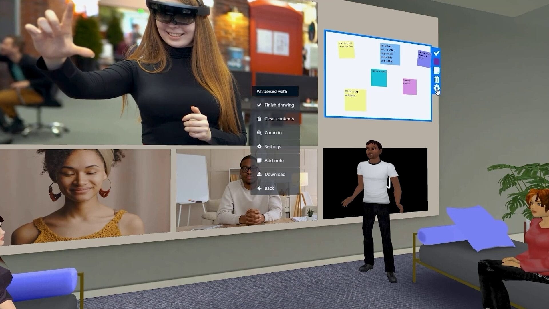Virtual meeting in MootUp by Hyperspace featuring avatars, live video participants, and a shared digital whiteboard with sticky notes.