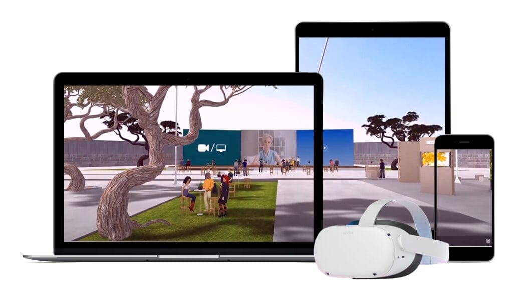 Hyperspace metaverse platform displayed on a laptop, tablet, smartphone, and VR headset, showcasing an outdoor virtual event space with avatars interacting.