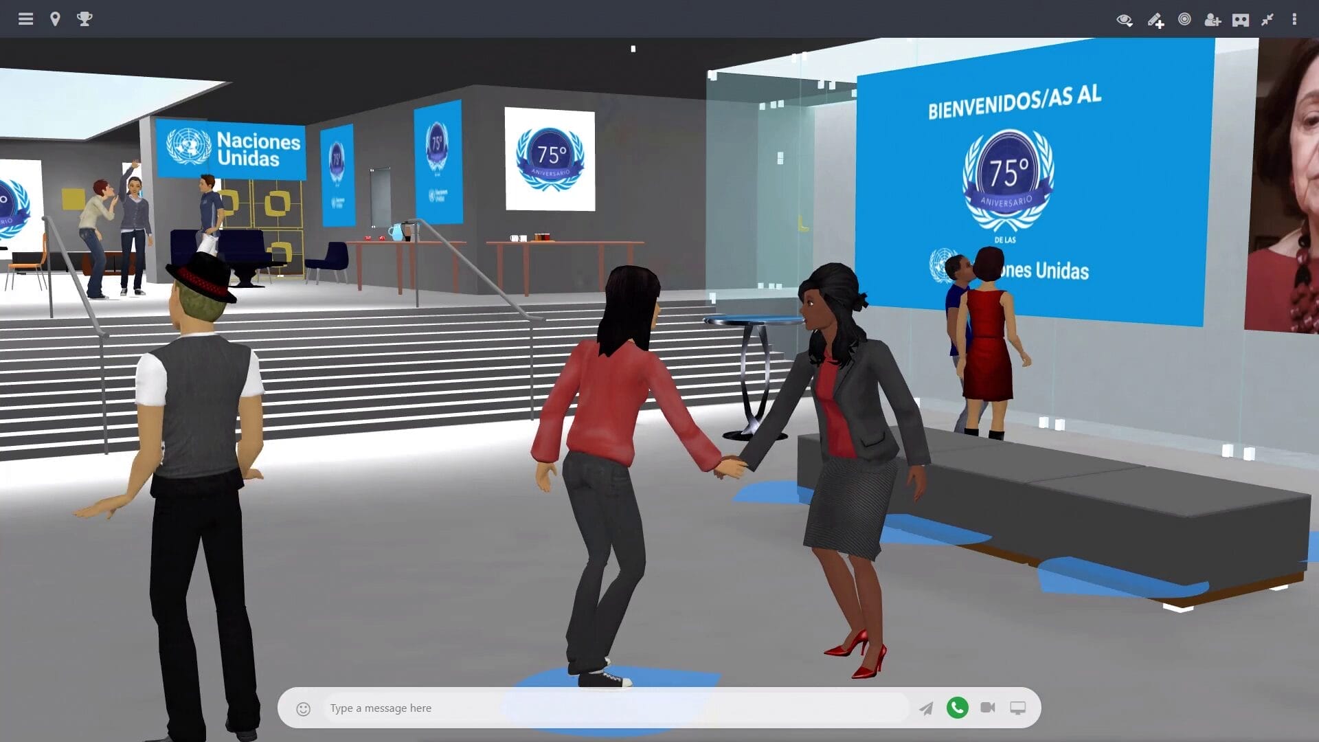 Avatars networking in the lobby of the United Nations 75th Anniversary virtual event inside MootUp by Hyperspace, with welcome banners and branded displays.