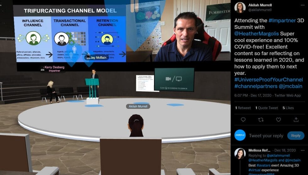 Virtual stage in MootUp by Hyperspace showing a speaker presenting the Trifurcating Channel Model, with a live video feed of Jay McBain, alongside a tweet from Akilah Murrell praising the Impartner 3D Summit.