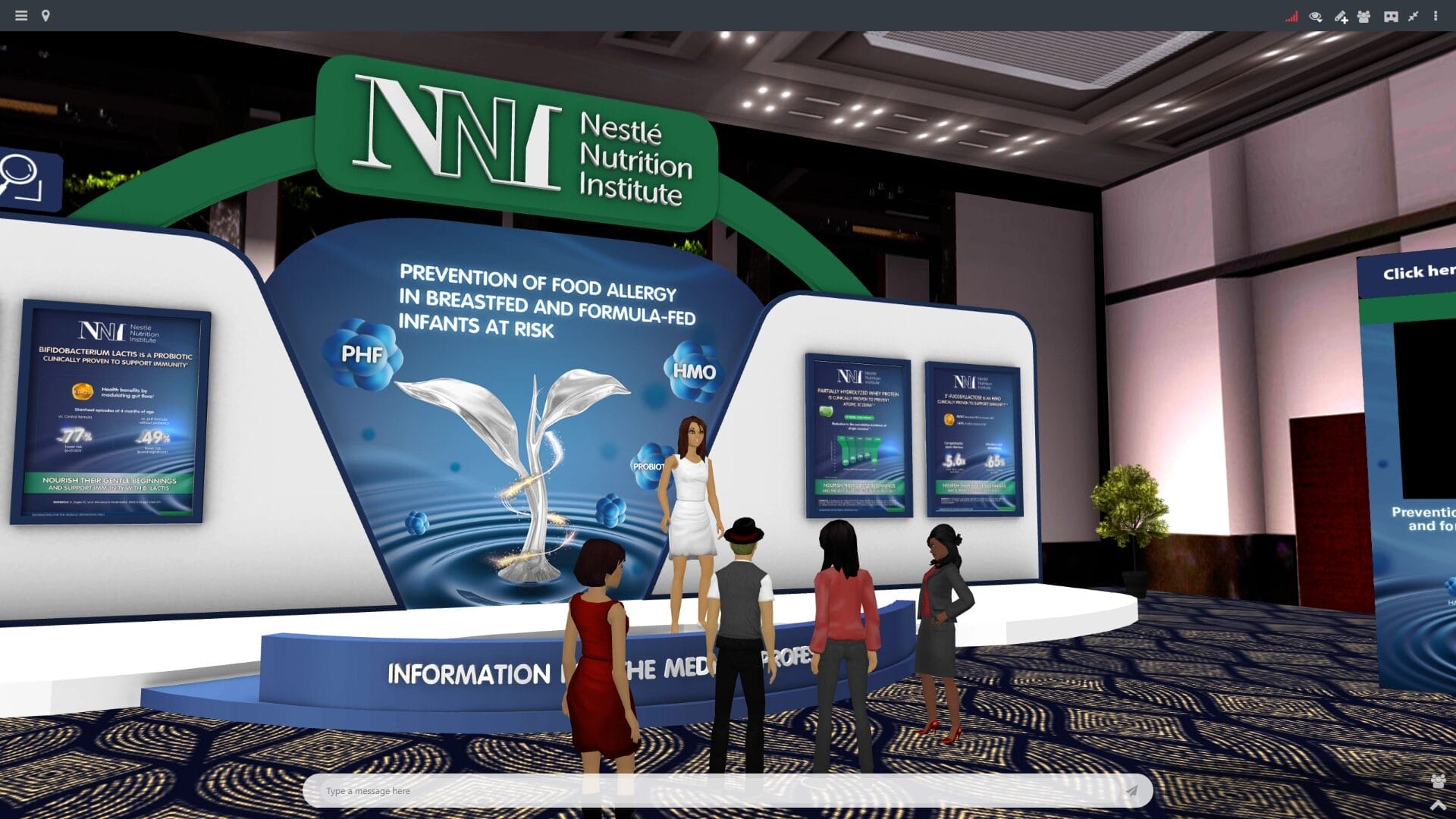 Virtual booth in the Hyperspace metaverse platform representing the Nestlé Nutrition Institute, with an avatar presenter addressing a small group about preventing food allergies in breastfed and formula-fed infants at risk.
