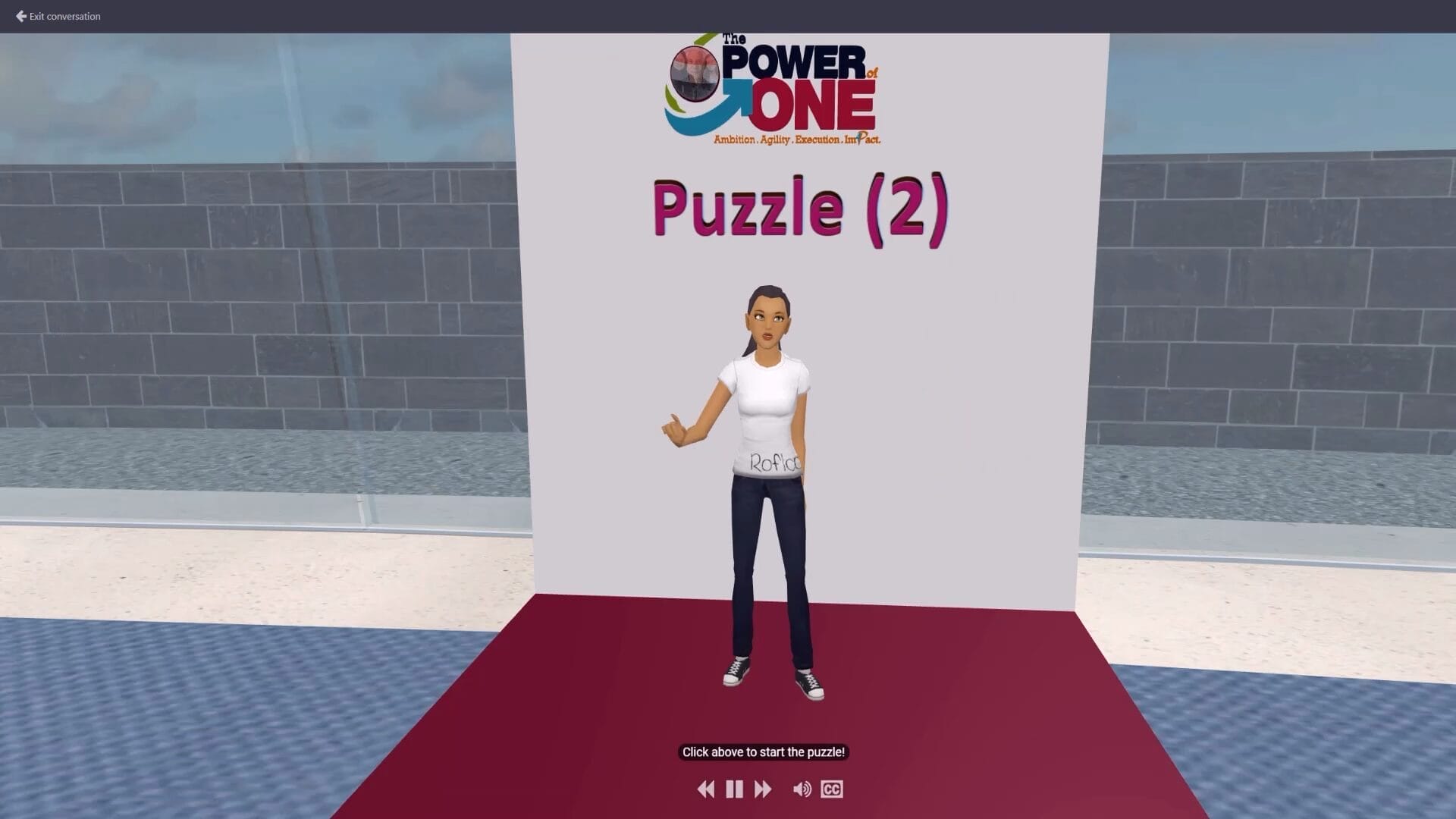 Avatar presenter standing in front of a display titled “Puzzle (2)” during an interactive learning activity in MootUp by Hyperspace, branded with “The Power of One” event logo.