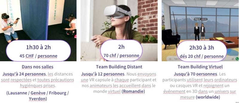 Three team building options displayed with images: in-person VR in rooms, remote VR headset experience, and virtual metaverse events for large groups.