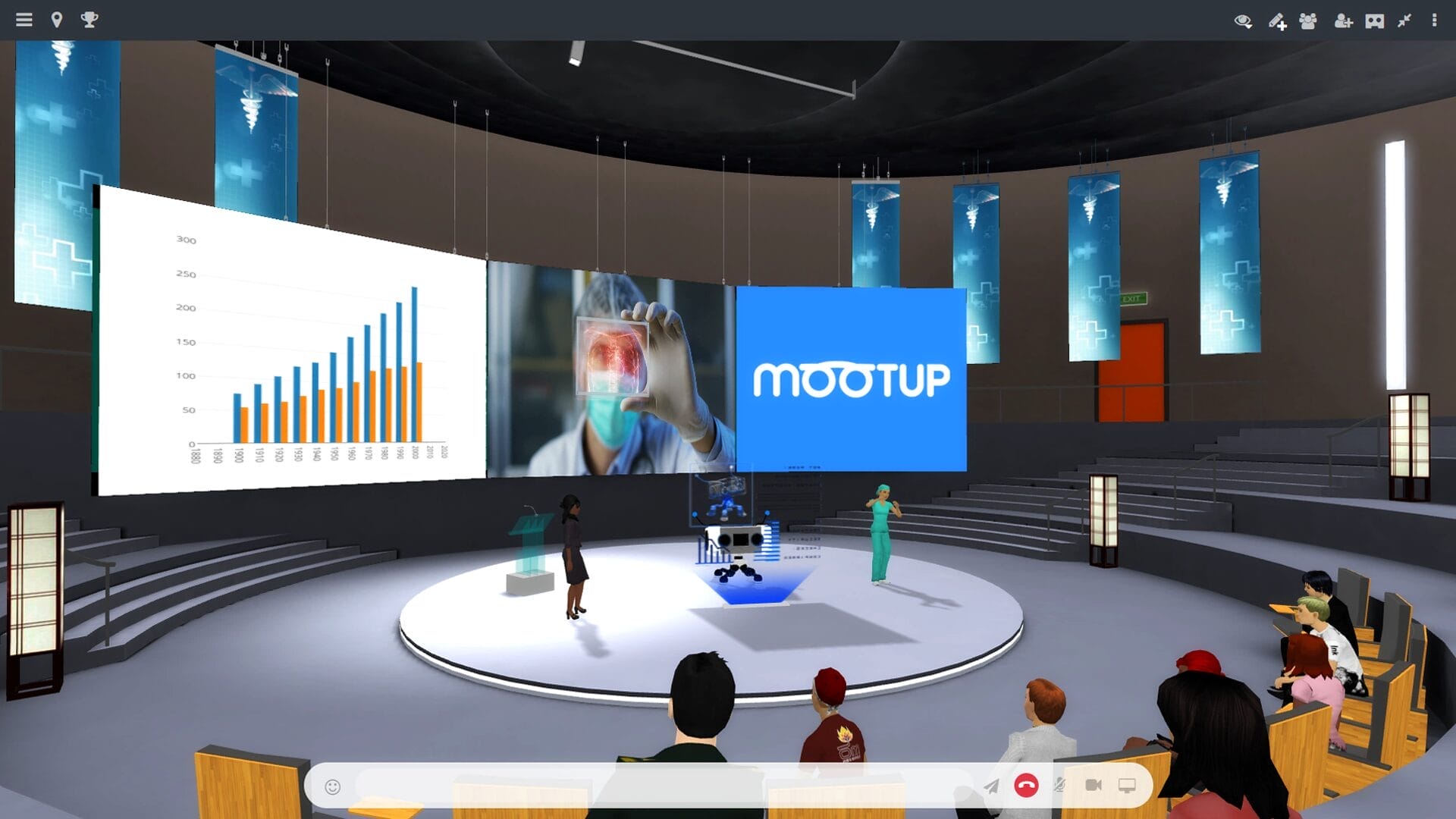 Virtual auditorium in MootUp by Hyperspace hosting a healthcare-themed presentation, with charts, medical imagery, and avatars representing presenters and audience members.