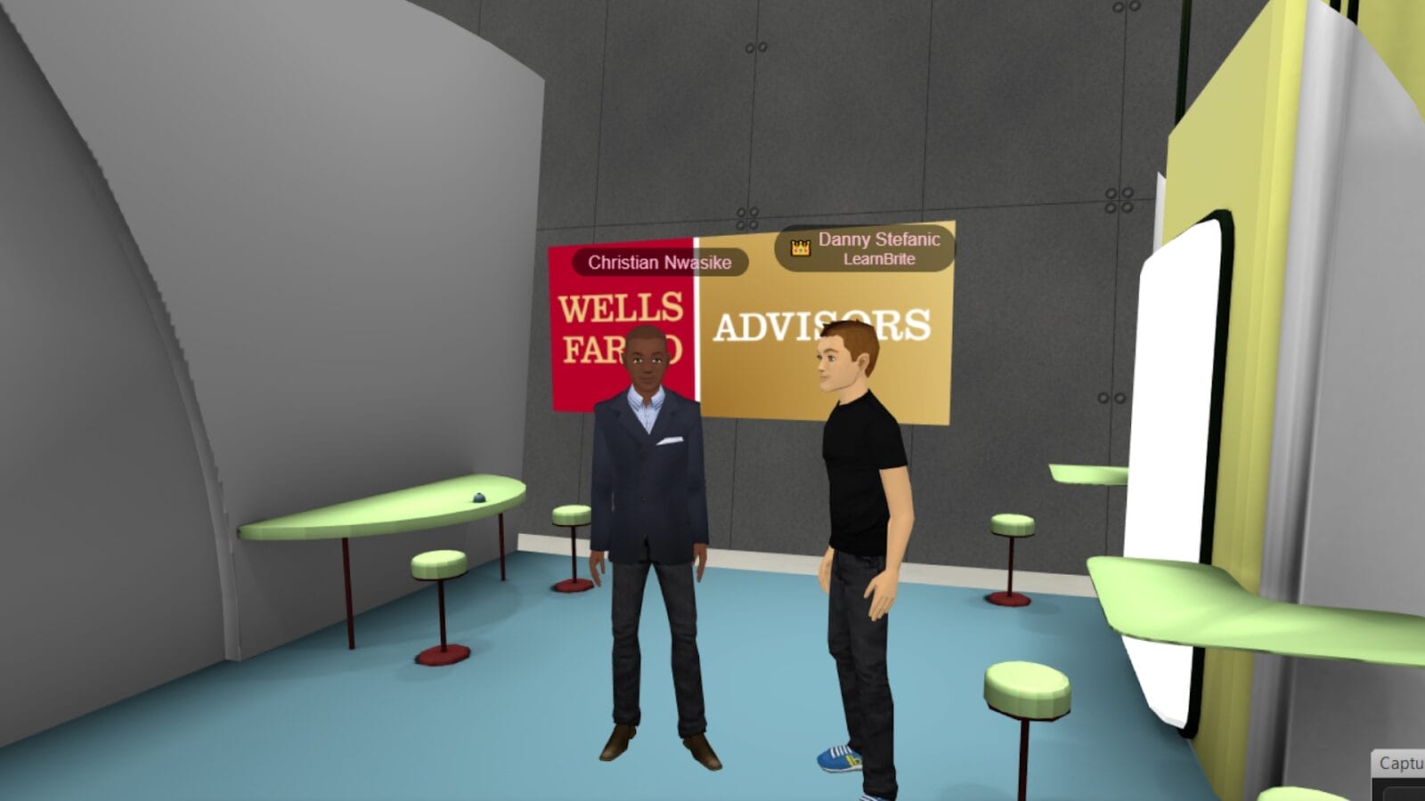 Two avatars, Christian Nwasike and Danny Stefanic, networking in a virtual Wells Fargo Advisors-branded space inside MootUp by Hyperspace.
