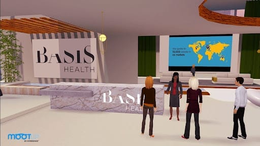 Branded virtual lobby for Basis Health in MootUp: avatars stand by a marble reception; screen with world map reads “We speak to 100,000 people in 50 markets.